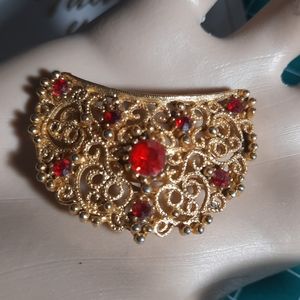 Vintage Jonette Jewelry JJ Gold Tone Ornate Brooch Bright Red Rhinestone Lapel